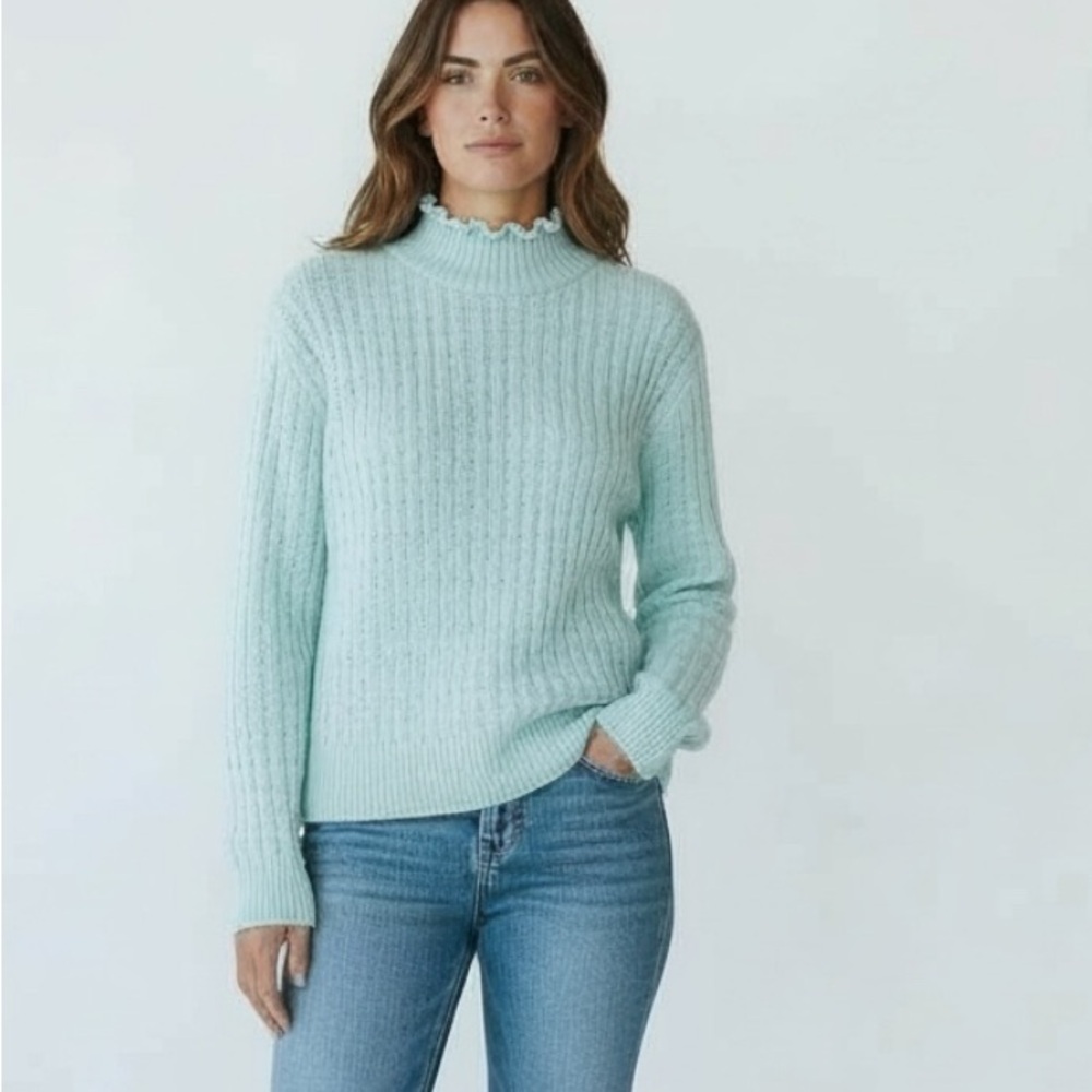 J Crew Mint Green Pointelle Ruffle Mockneck sweater 
Lettuce  Hem‎ size Medium